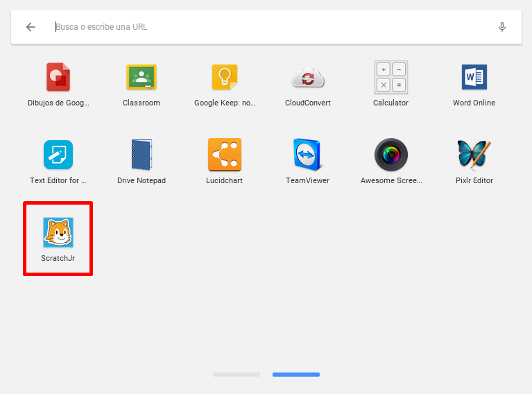 Menú de aplicaciones de Chrome con la app Scratch Jr instalada